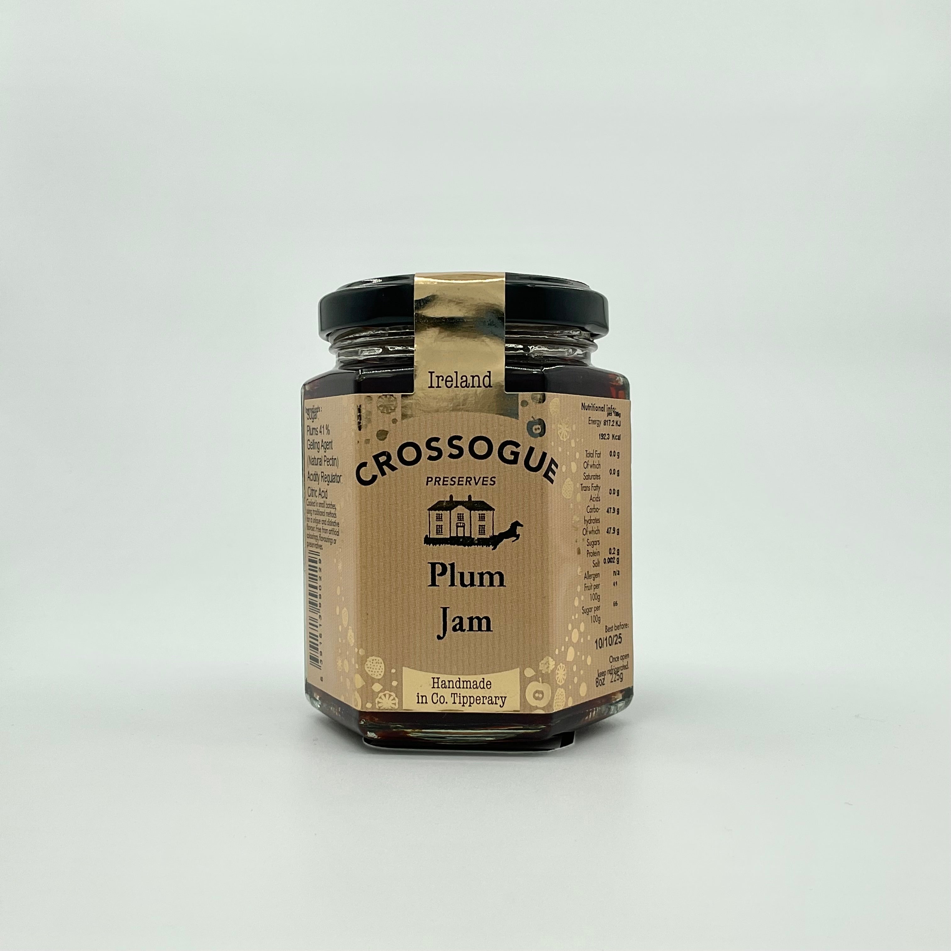 A jar of Crossogue Plum Jam with a label indicating that it is made in Ireland, weighing 225g.