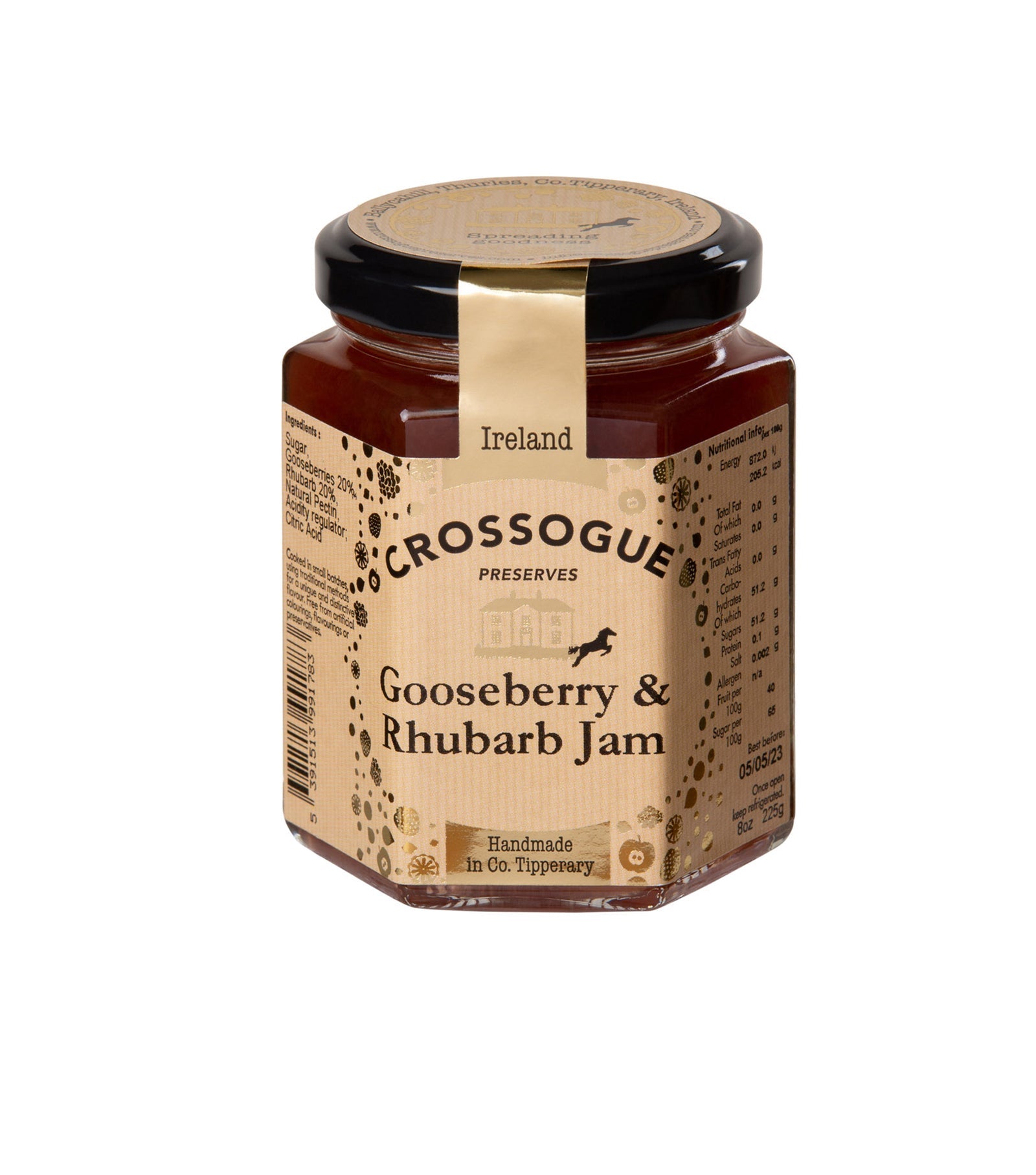 Jar of Crossogue Gooseberry & Rhubarb Jam on a white background