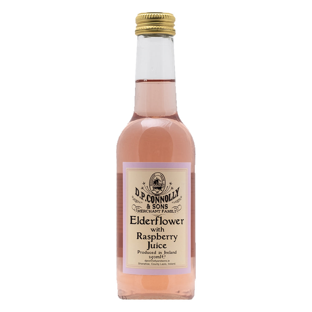 Bottle of D.P. Connolly & Sons Elderflower with Raspberry Juice on a white background