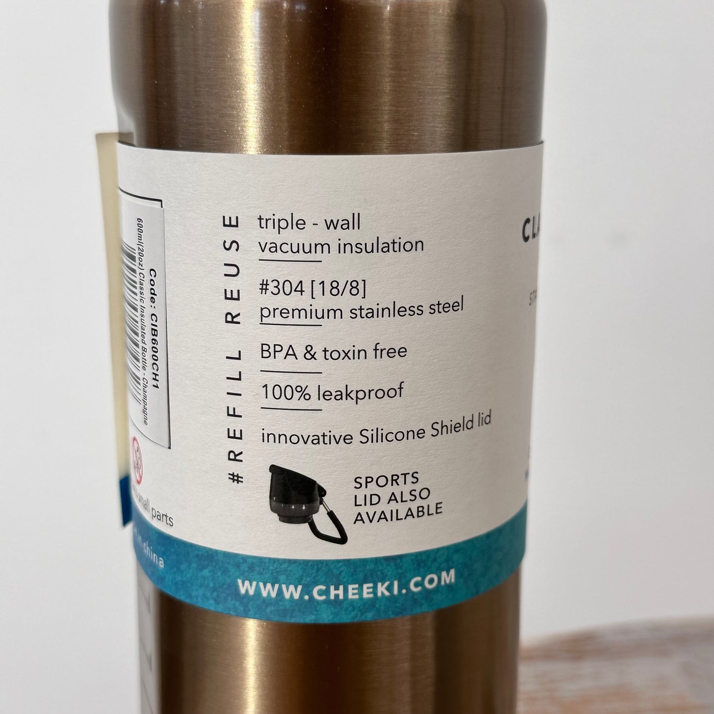 Cheeki Stainless Steel Water Bottle 600ml Insulated, Copper Lock - Champagne