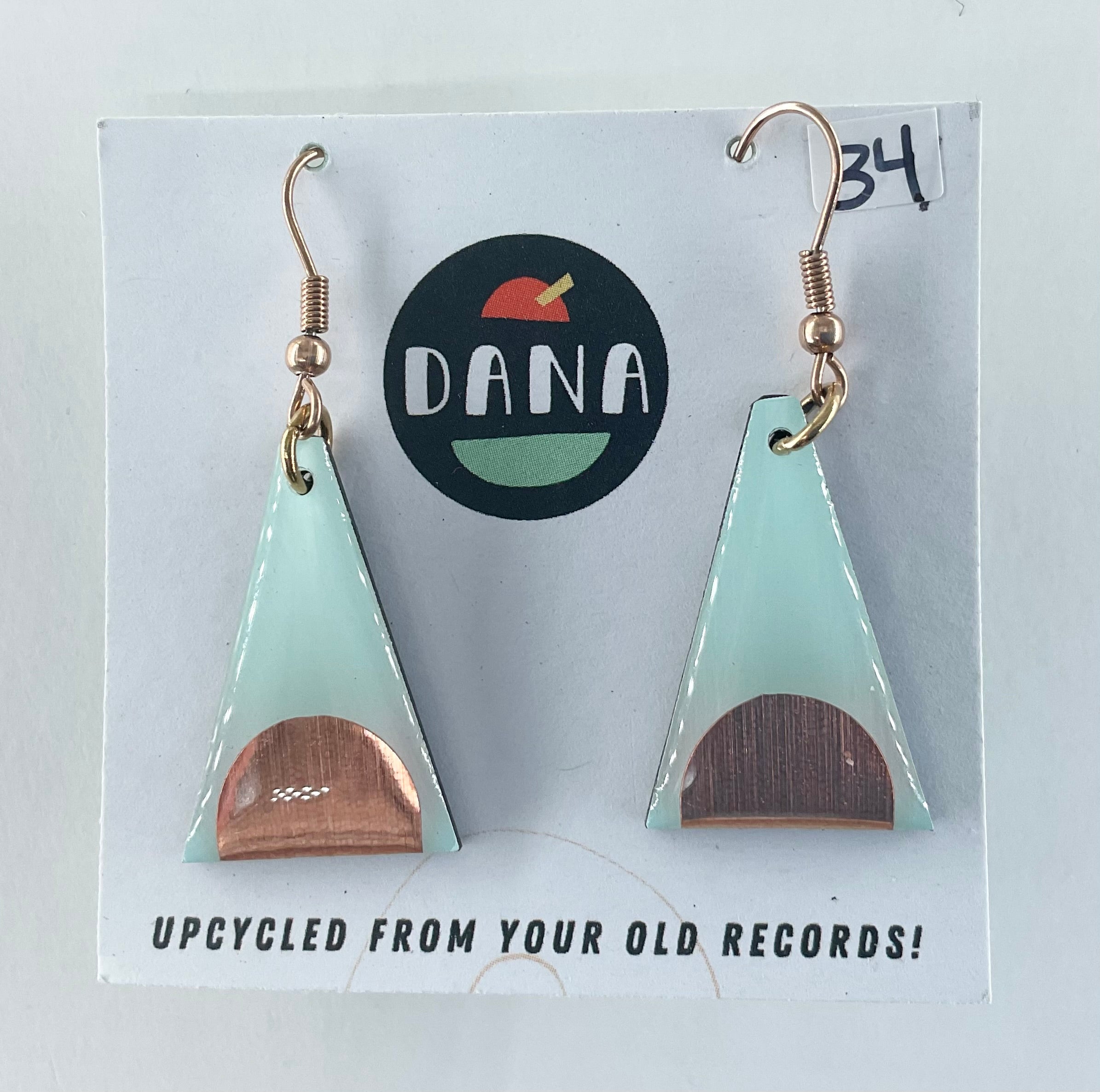 DANA Jewellery - Vinyl Record Earrings - Triangles Sage & Bronze/Metallicra