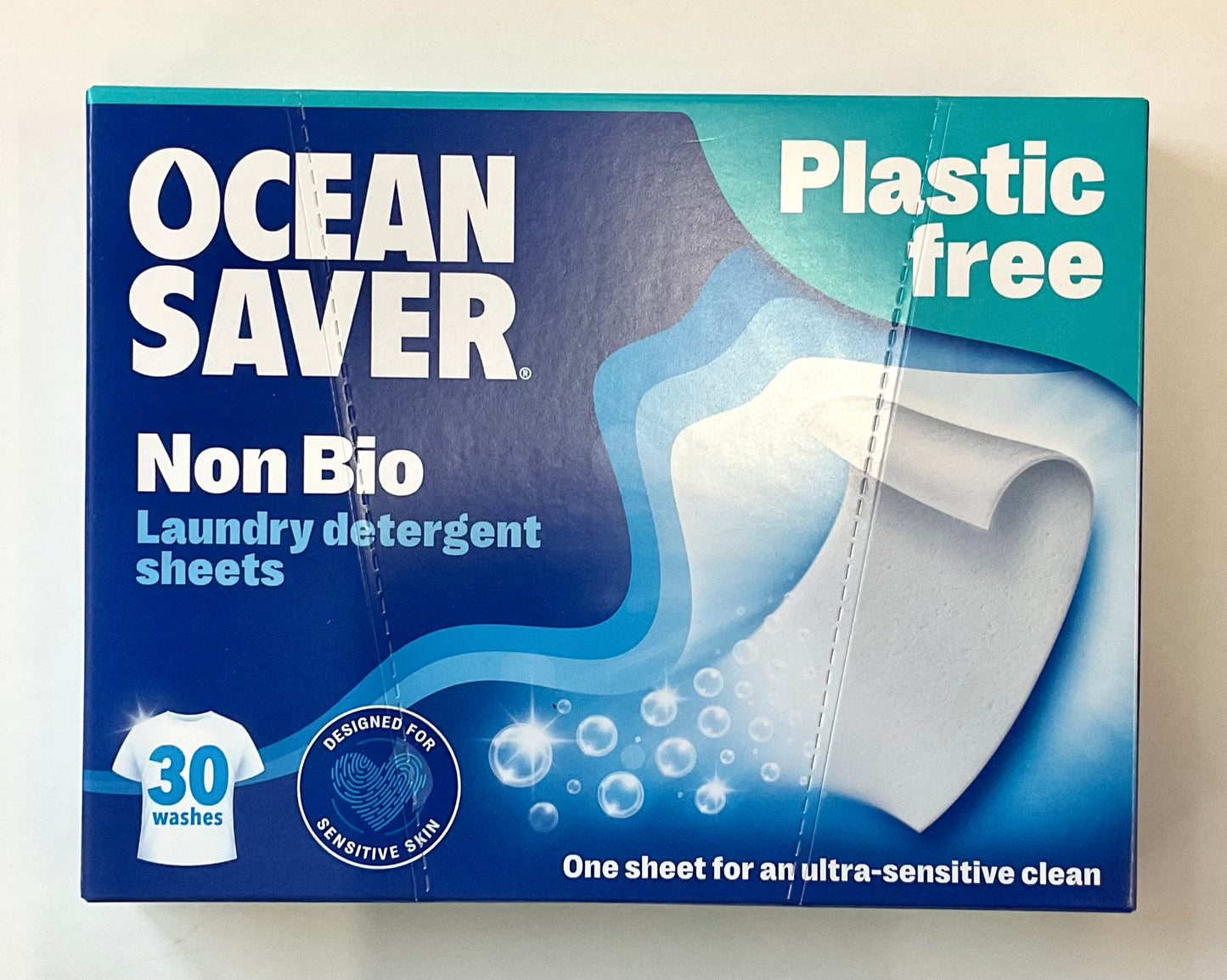 Blue cardboard box of Ocean Saver's plastic free, Non Bio laundry detergent sheets