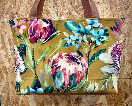 Cycle Up (Roscommon Womens Network) Tote Bag - Brown Leather/Painted Florals/Mustard