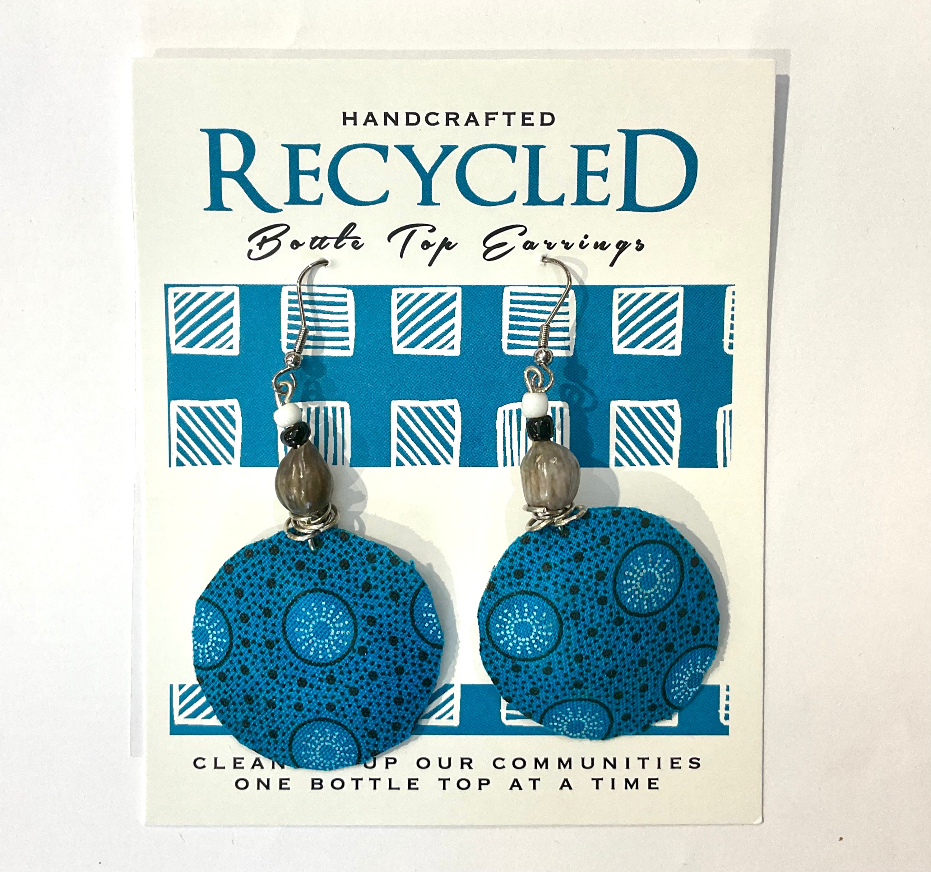 blue drop earrings made from recycled bottle tops