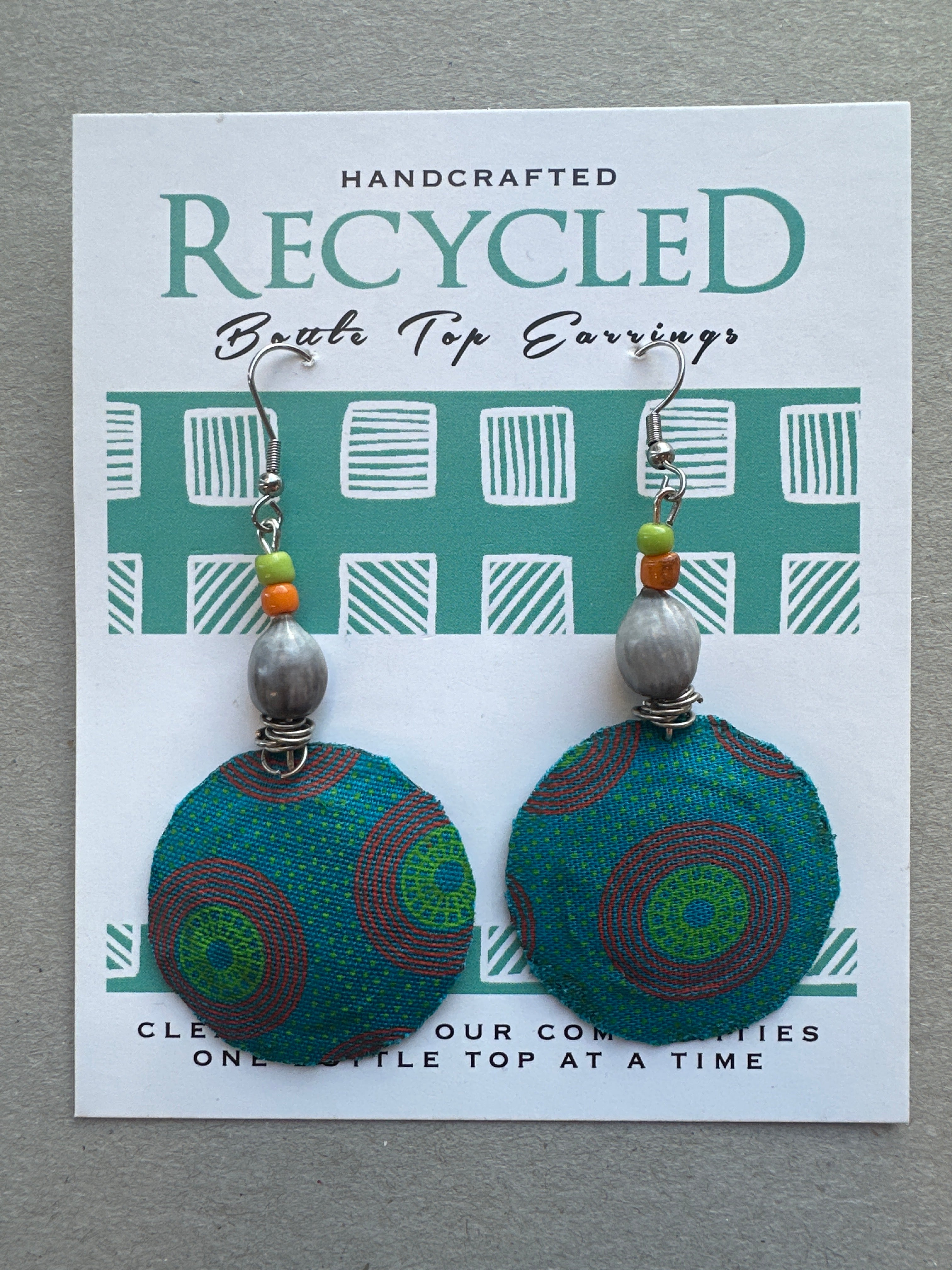 fabric covered earrings made from bottle tops