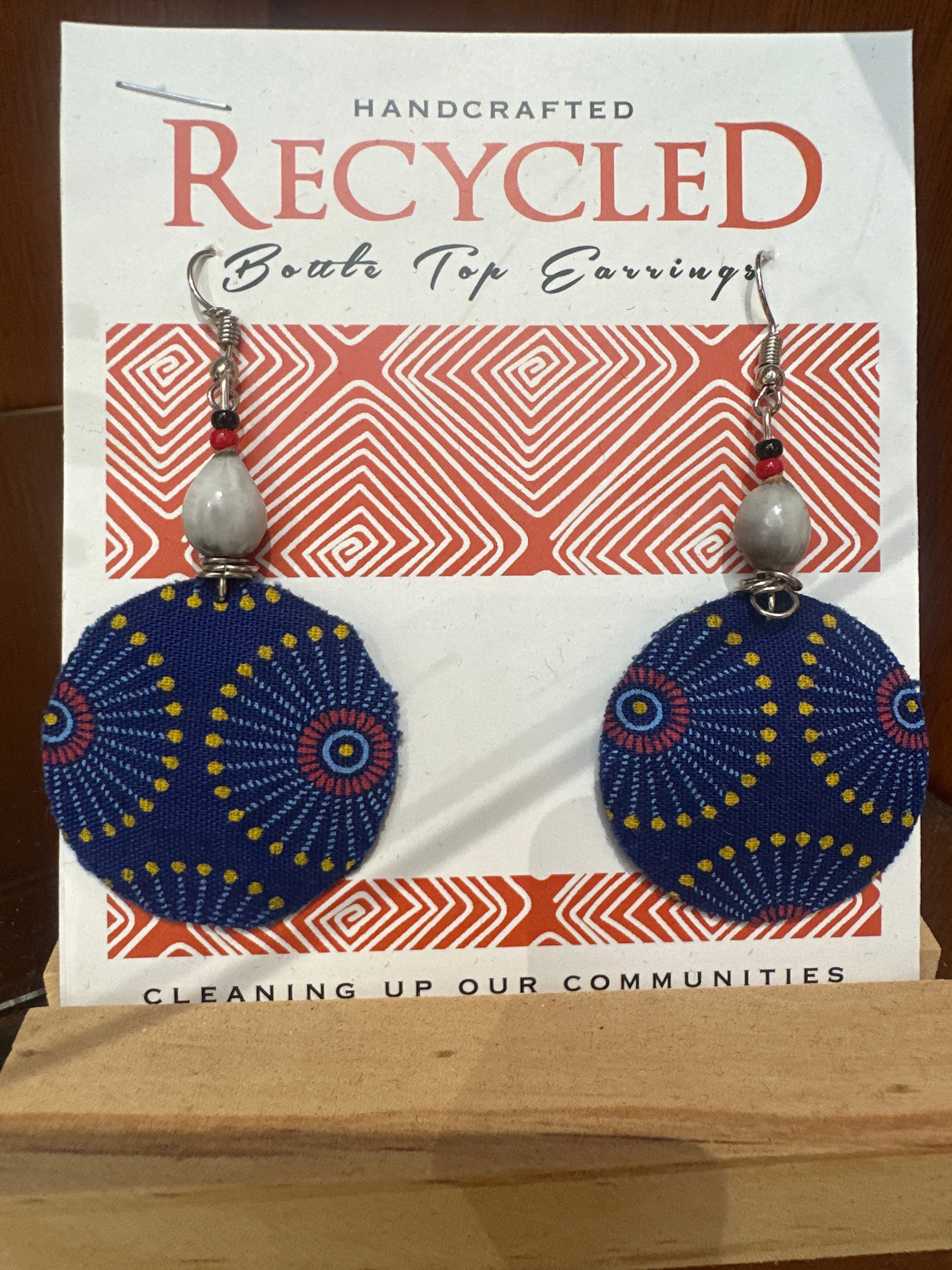 fabric earrings made from recycled bottle tops