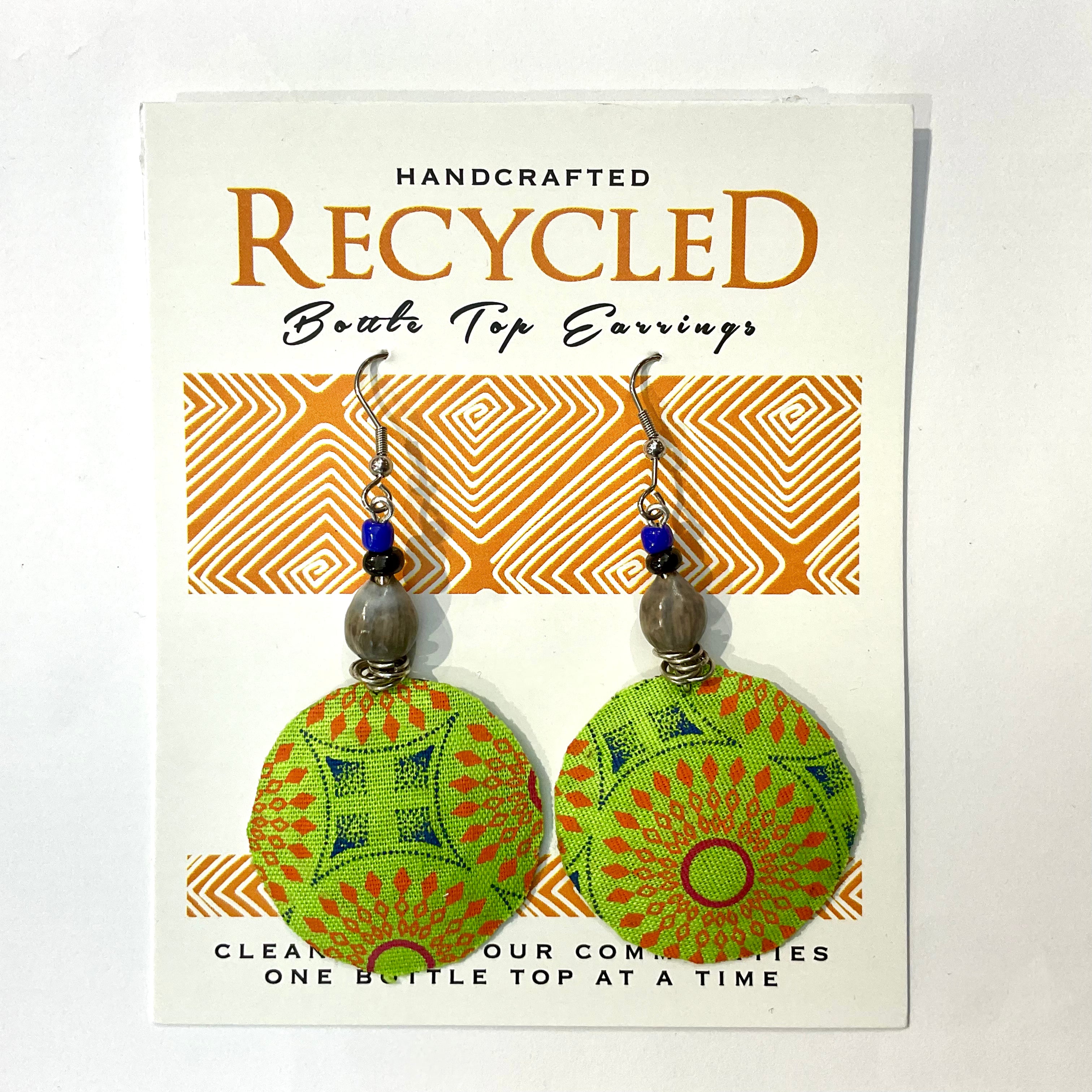 fabric covered upcycled bottle top earrings