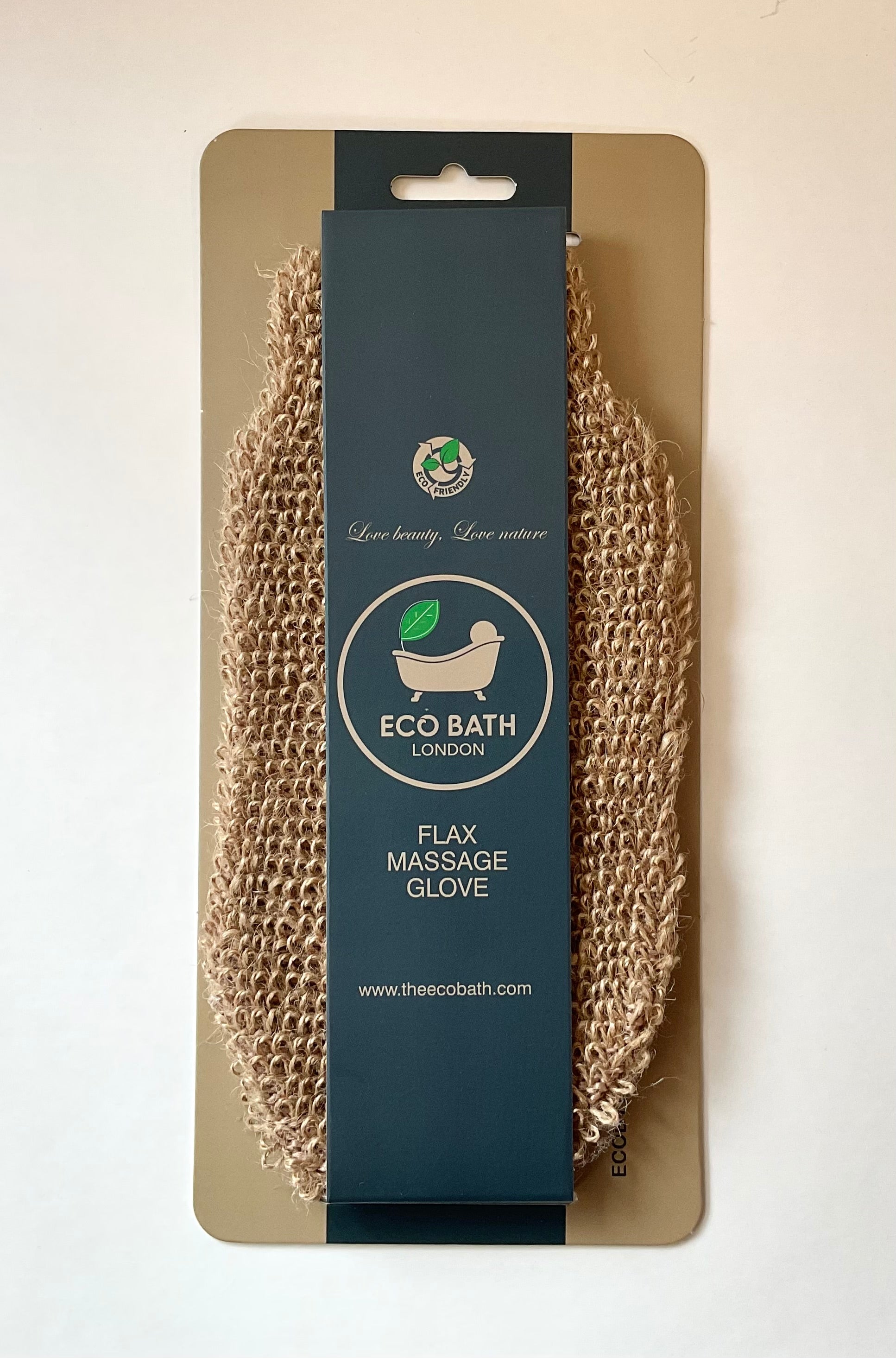Flax massage glove packaging with 'Eco Bath London' branding on a beige background