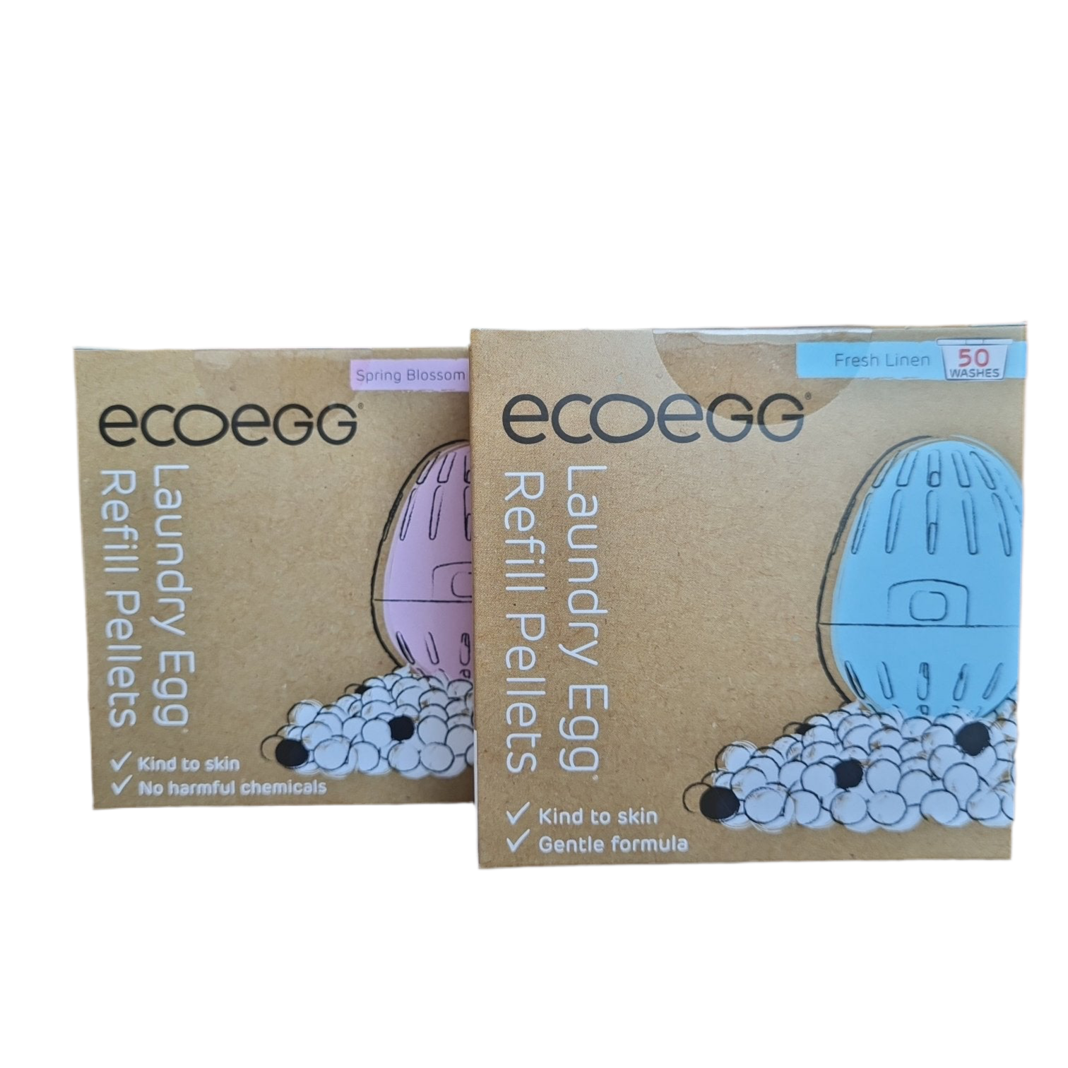 Two boxes of EcoEgg Laundry Egg Refill Pellets, one with a pink label and one with a blue label, both indicating '50 washes' and 'Kind to skin', placed against a white background.