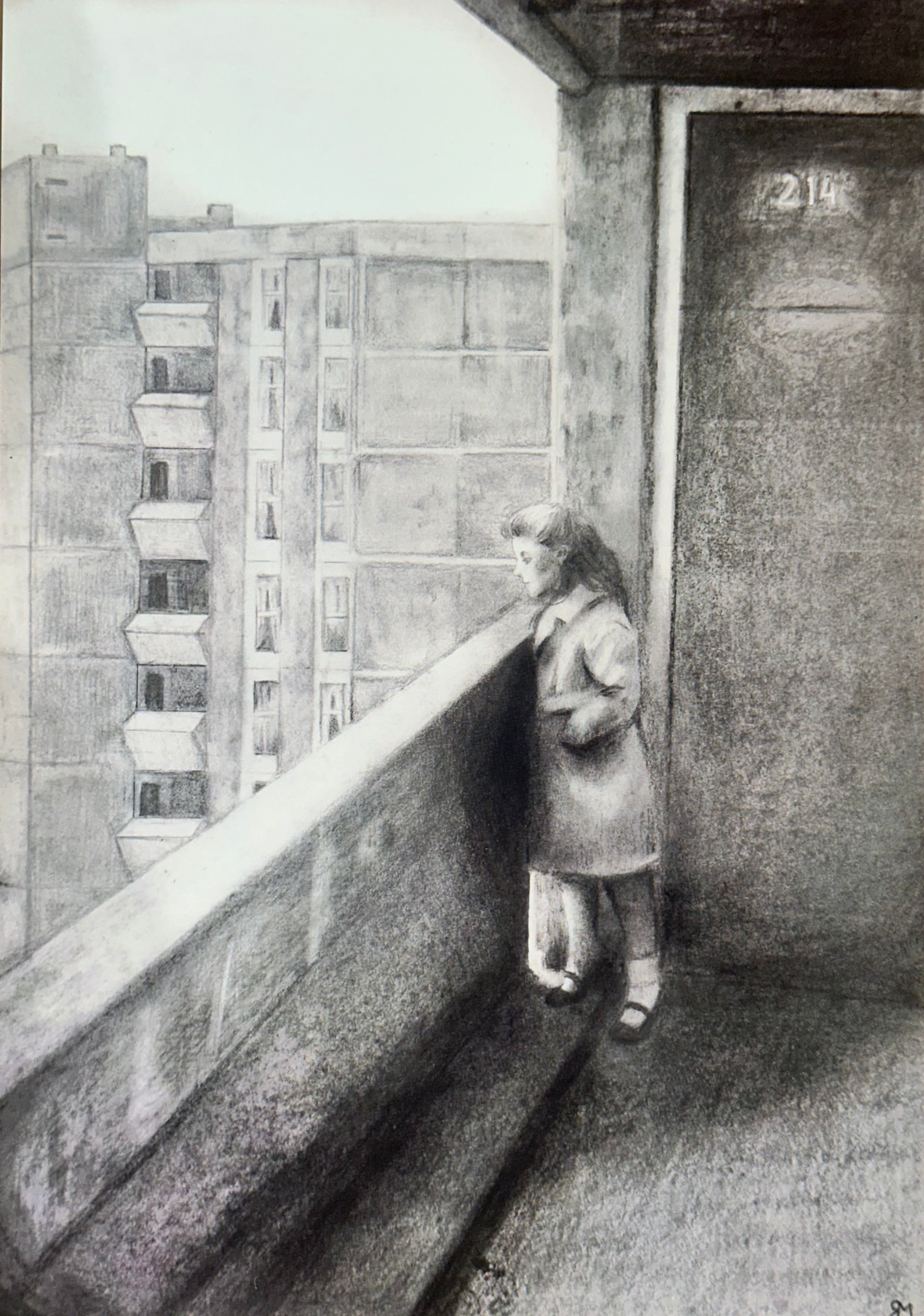 A4 Print of a drawing interpretation depicting a girl standing on a balcony looking out over Ballymun flats.