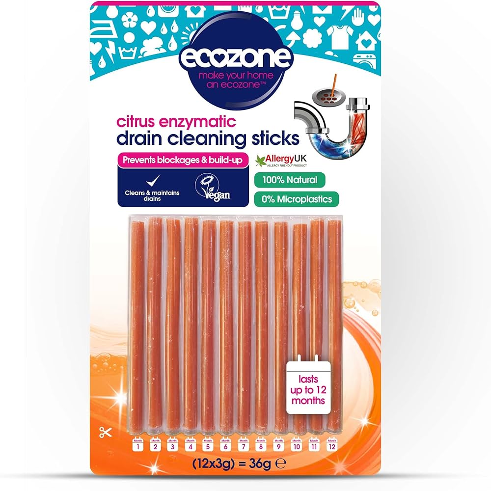 Pack of ecozone citrus enzymatic drain cleaning sticks with packaging details.