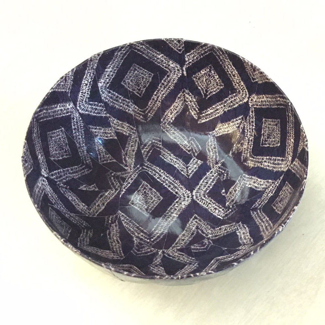 blue and white paper mache bowl