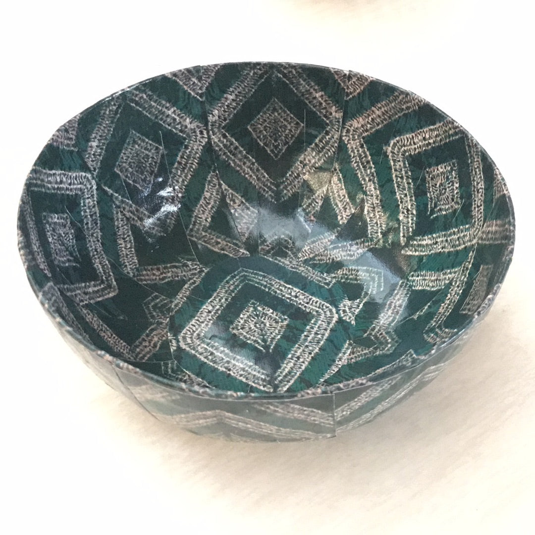 blue and white paper mache bowl