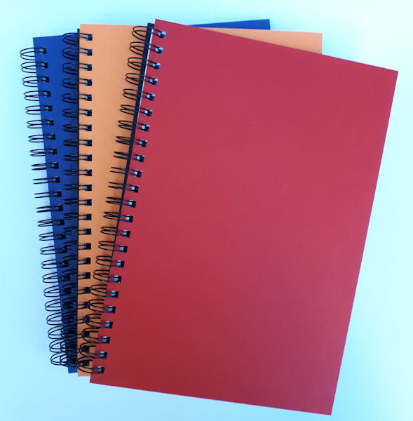 Three spiral-bound notebooks in red, blue, and orange on a light blue background