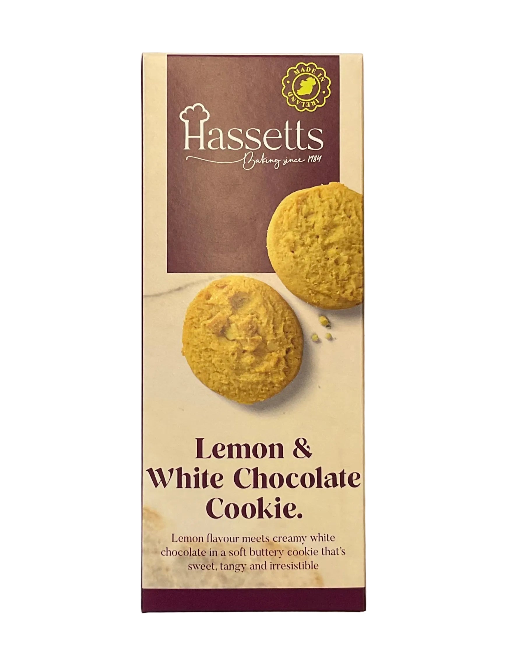 Hasselts lemon and white chocolate cookie packaging on a white background
