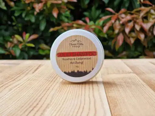 Three Hills Soap- Roseship & Cedarwood Shampoo Tin 30g