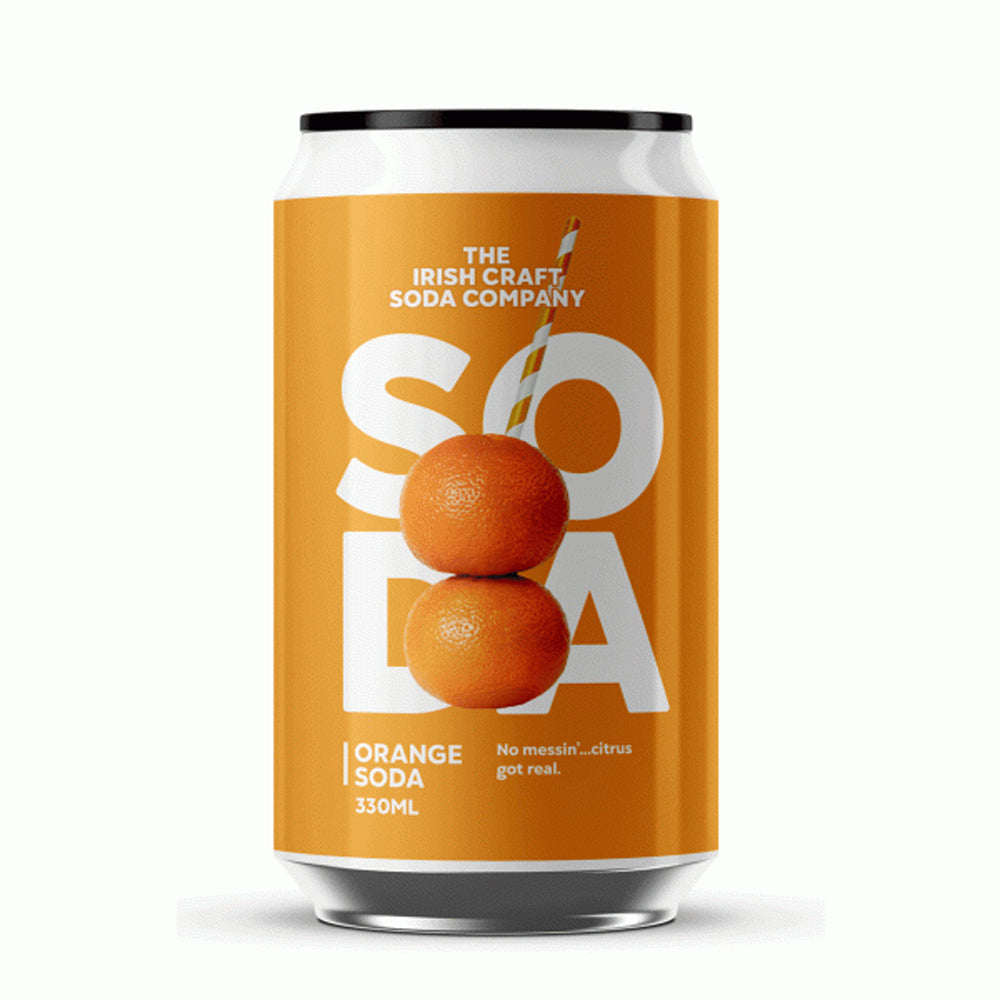 Orange soda can with 'The Irish Craft Soda Company' branding on a white background