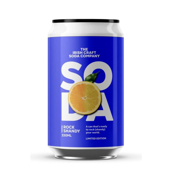 The limited edition Irish Craft Company soda can, a blue can for their Rock Shandy flavour 