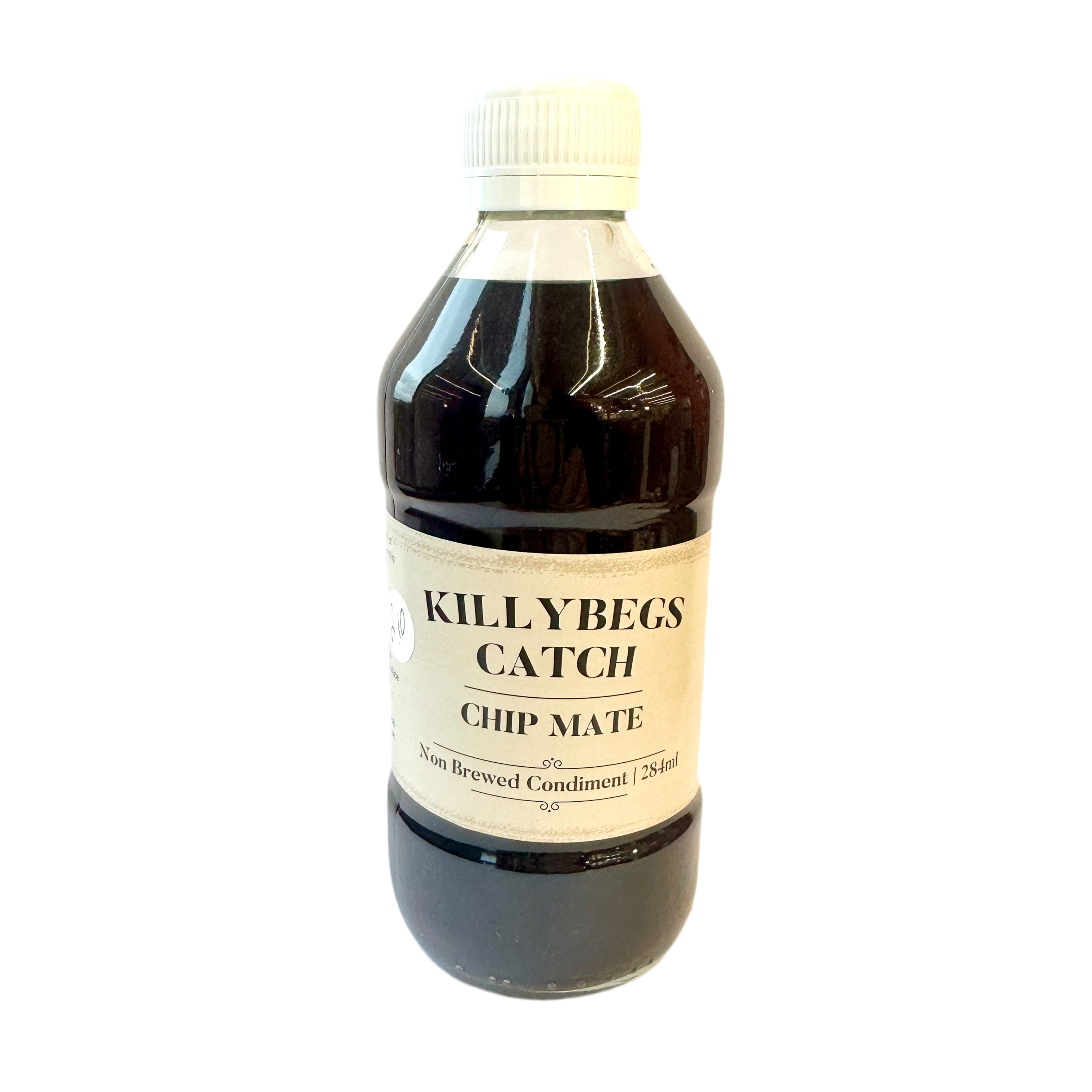 A bottle of Shines of Killybegs Non Brewed Condiment, commonly known as chip mate, against a white background.