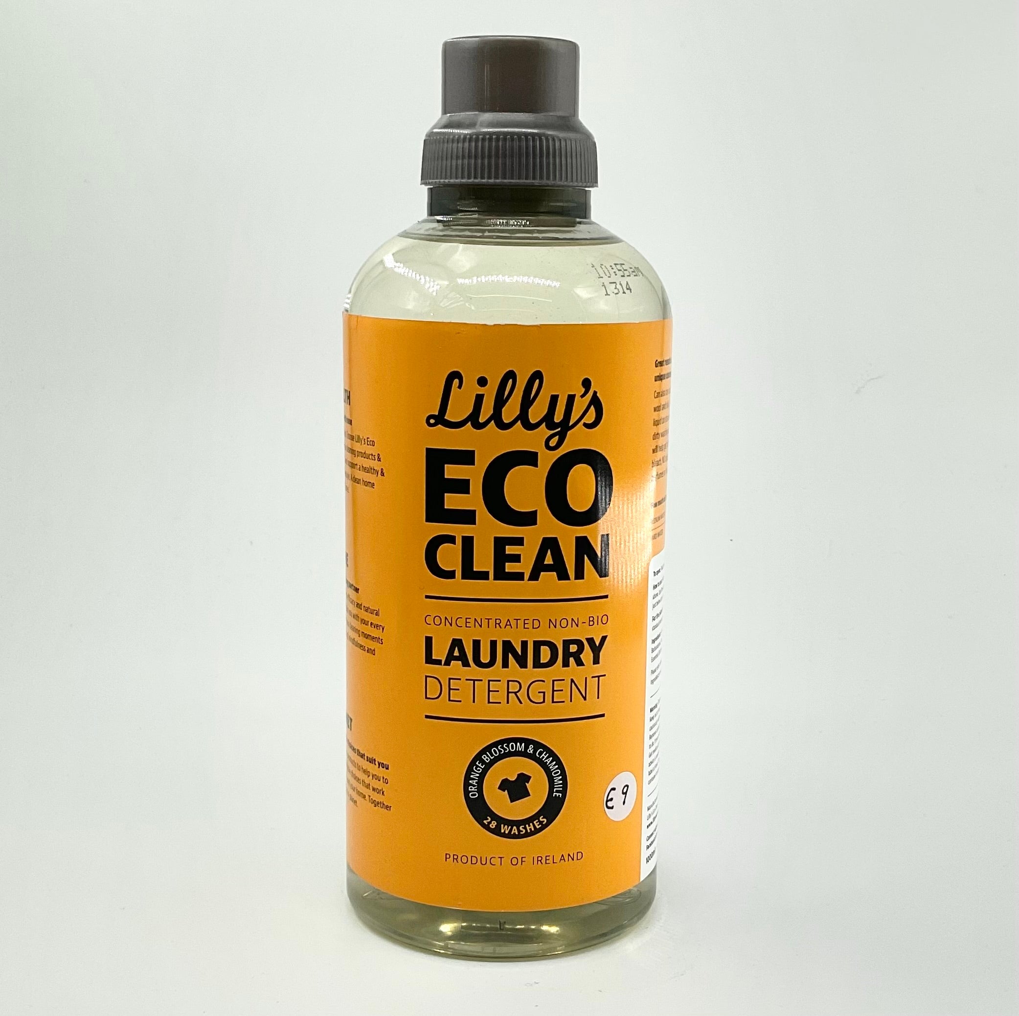 A bottle of Lilly's Eco Clean Non Bio Laundry Detergent with orange and chamomile scent.