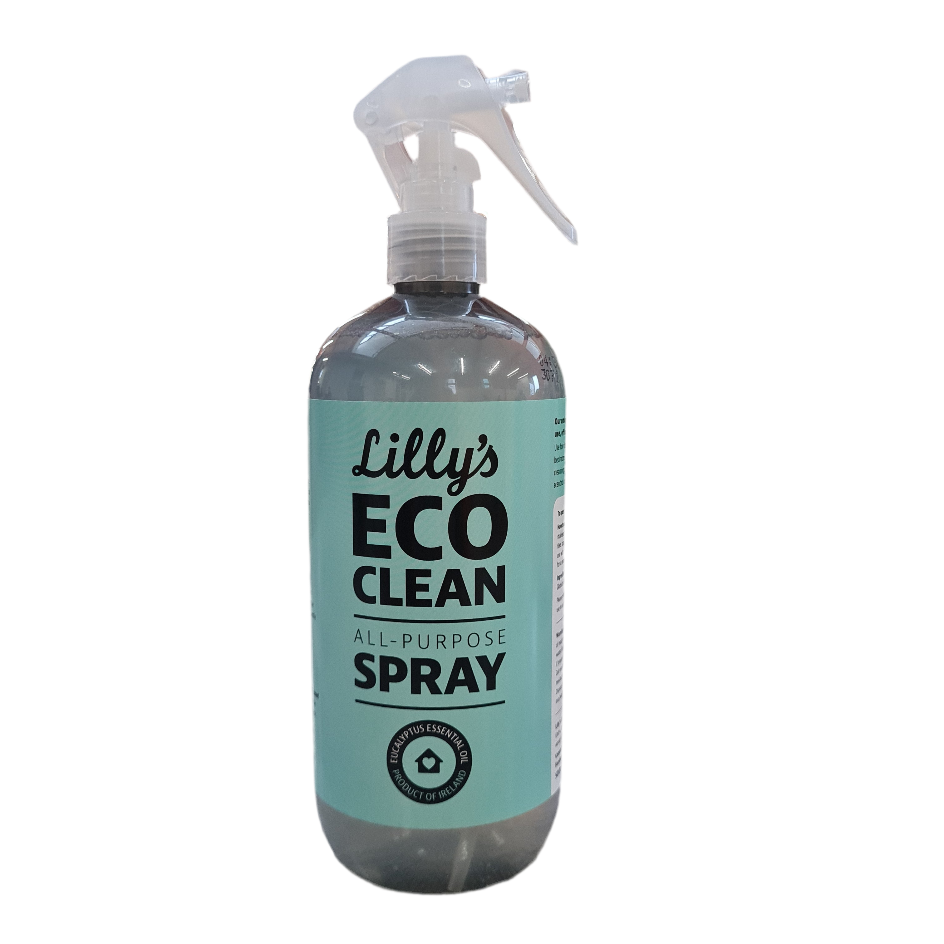 A bottle of Lilly's Eco Clean All Purpose Spray Cleaner with a spray nozzle, labeled for household use.