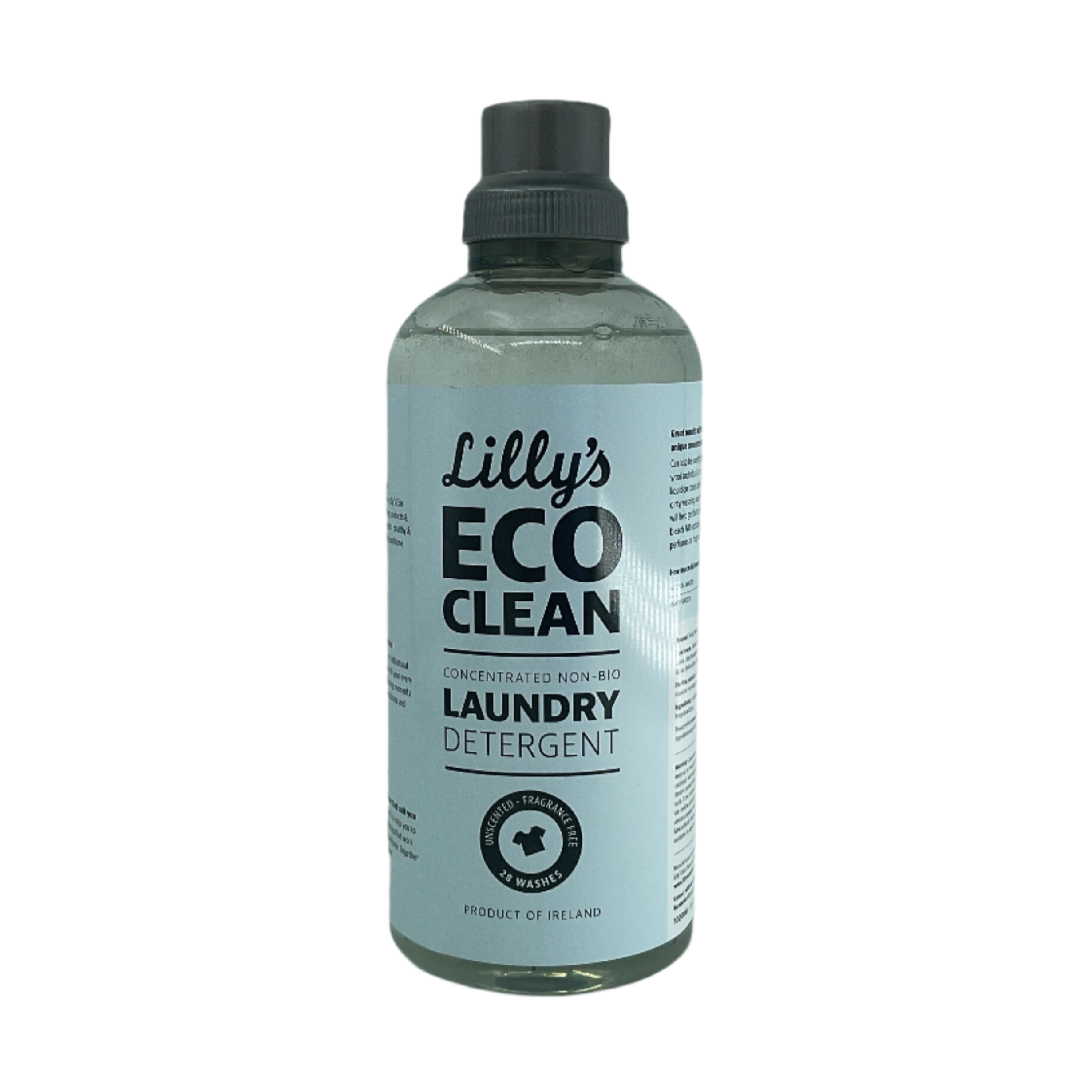 A bottle of Lilly's Eco Clean Non Bio Laundry Detergent with a white label on a clear background.