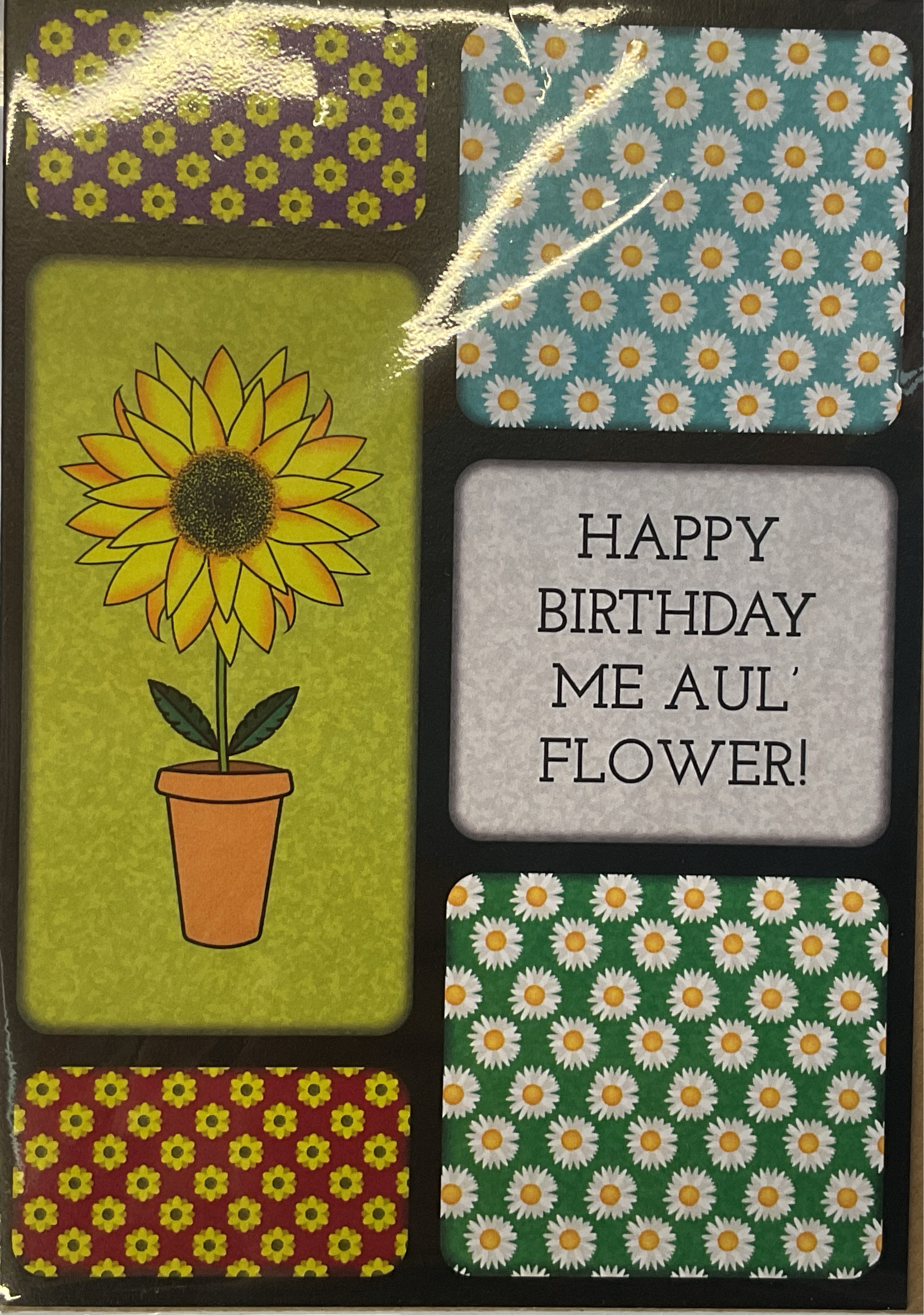 A multicolored birthday greeting card with a sunflower illustration and text that reads 'HAPPY BIRTHDAY ME AUL FLOWER!'