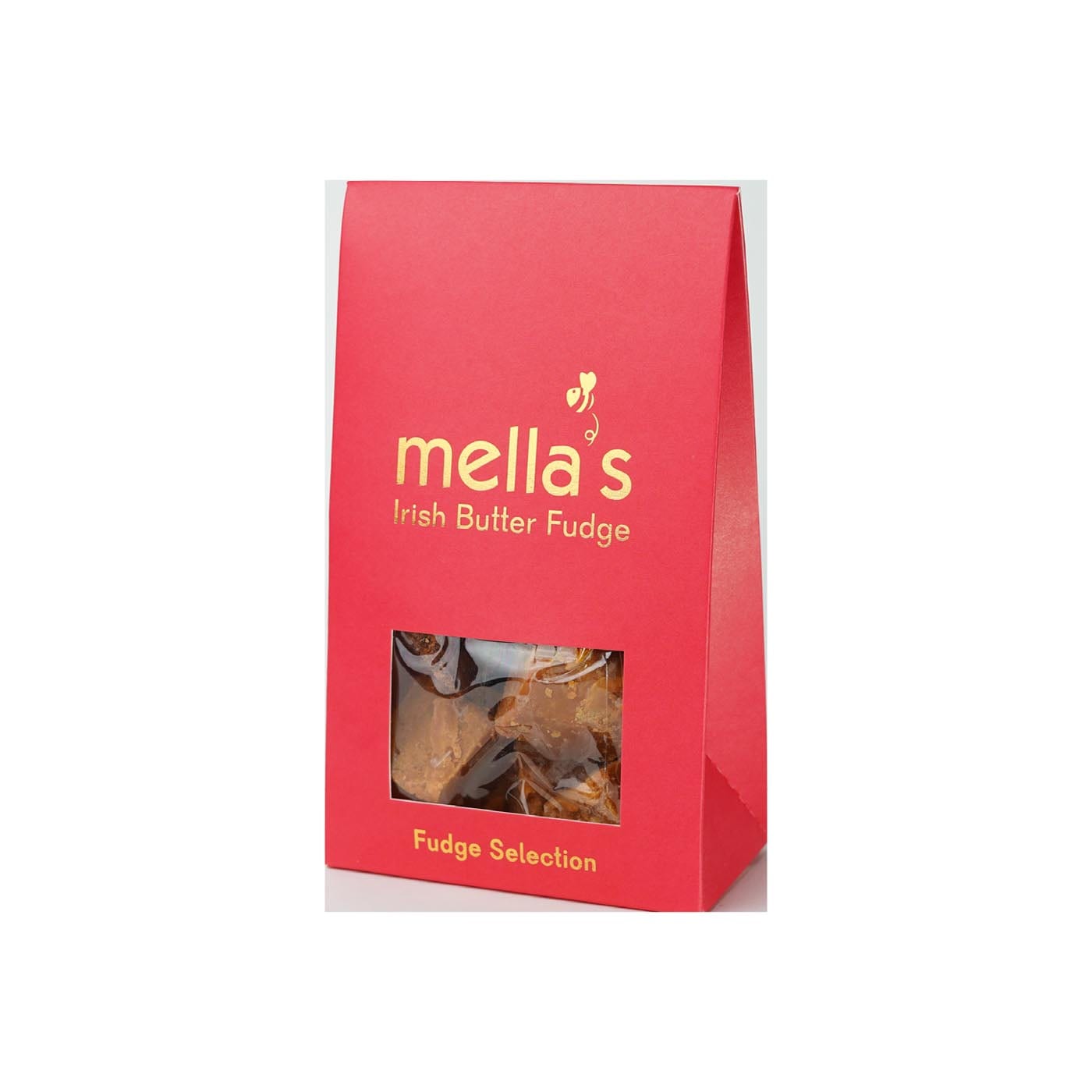 Red packaging of mella's Irish Butter Fudge on a white background