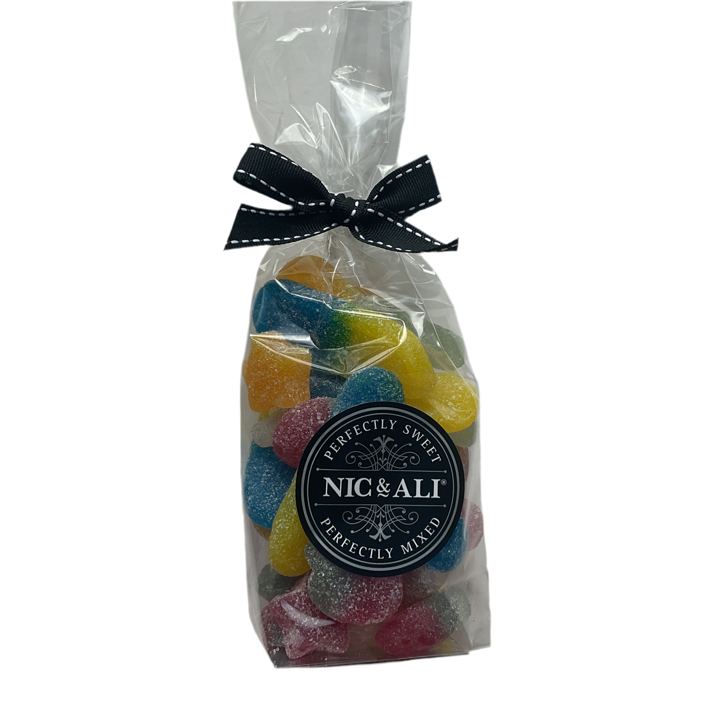 Bag of colorful gummy bears with a black bow and 'Nic & Ali' label on a white background
