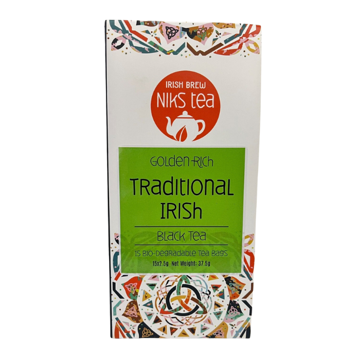 Nik's Tea packaging for Traditional Irish Black Tea on a white background