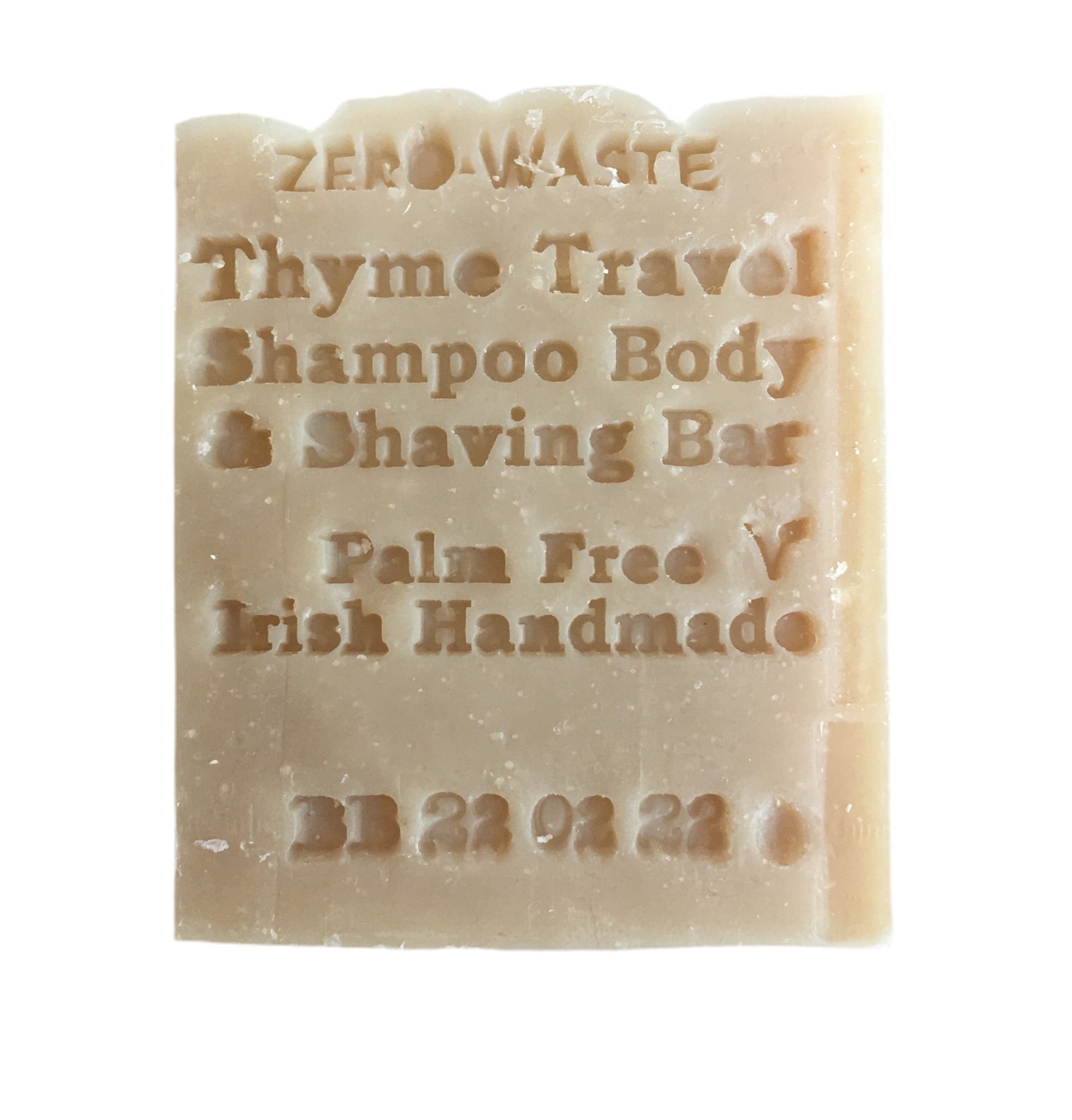 Zero-waste thyme travel shampoo, body, and shaving bar on a white background