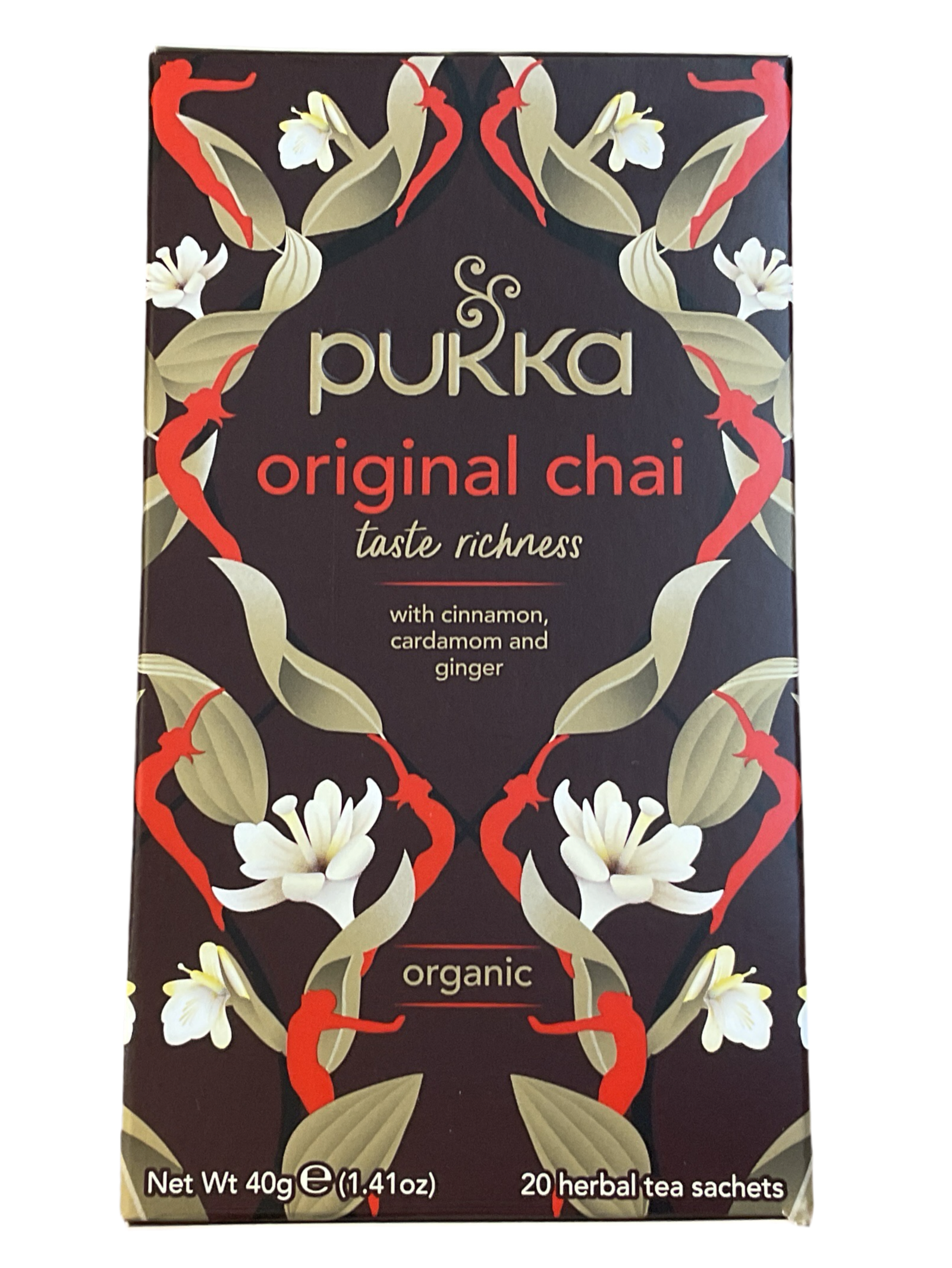 Pukka Original Chai tea box with floral design on a white background