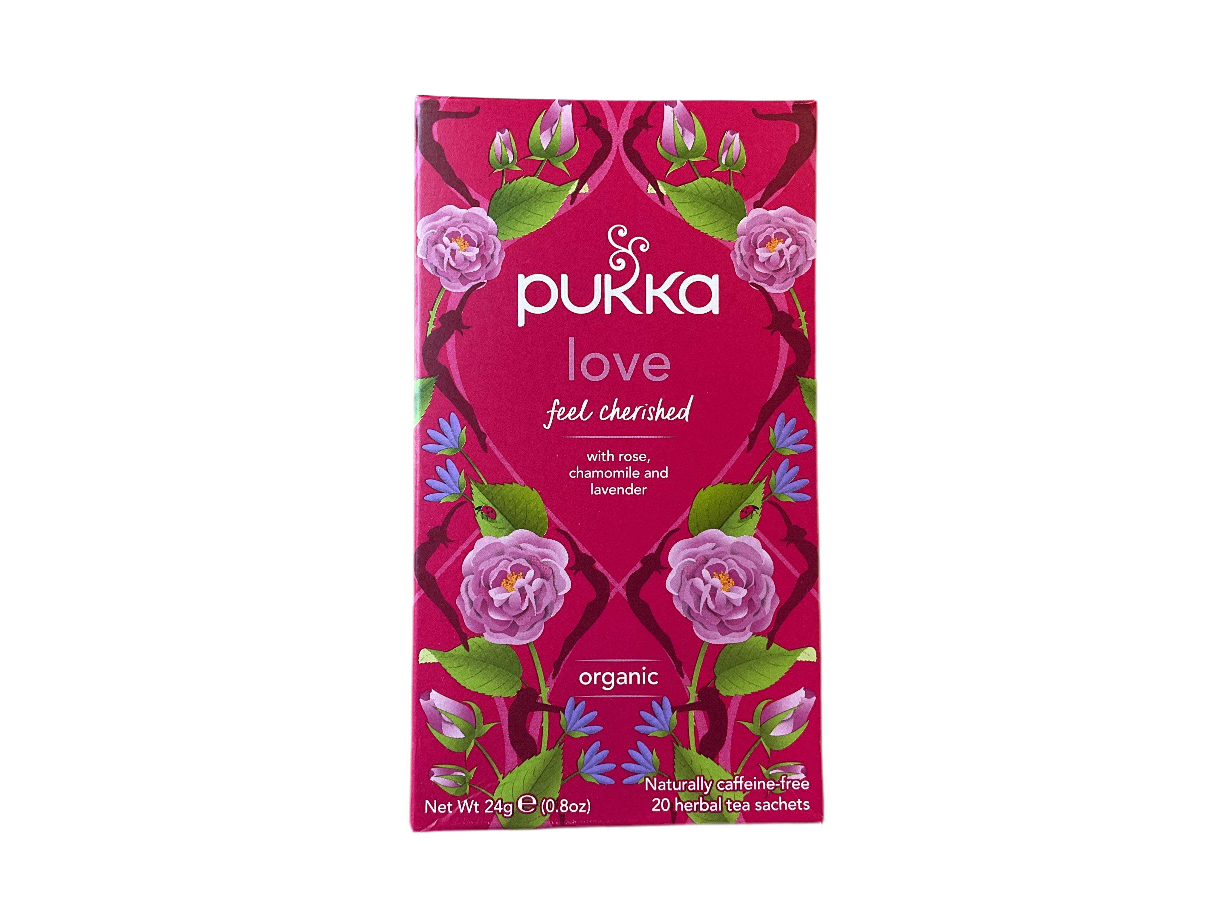 Packaging of Pukka Love Rose Chamomile and Lavender Tea with floral patterns and the brand's logo.