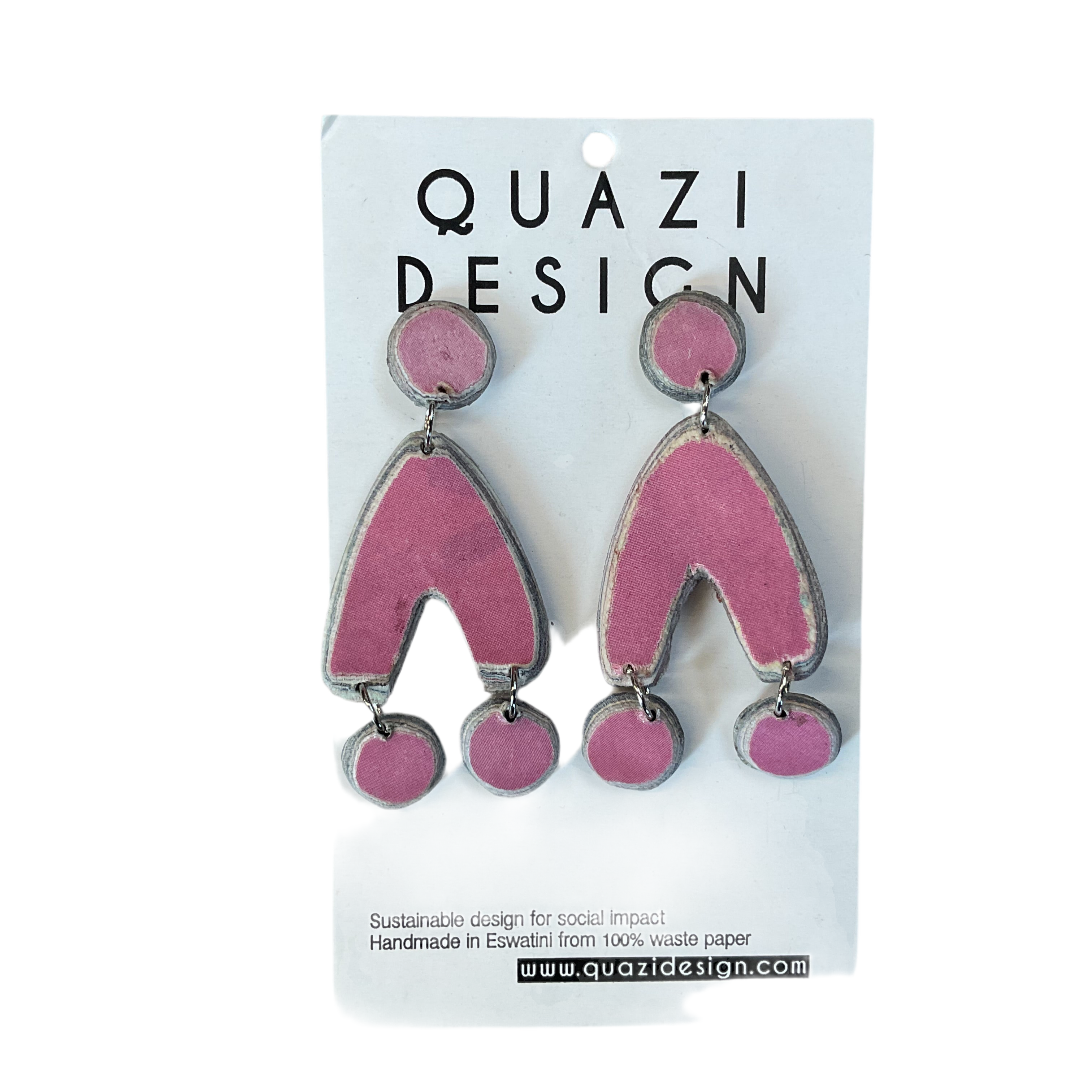 Pink earrings on a Quazi Design branded card