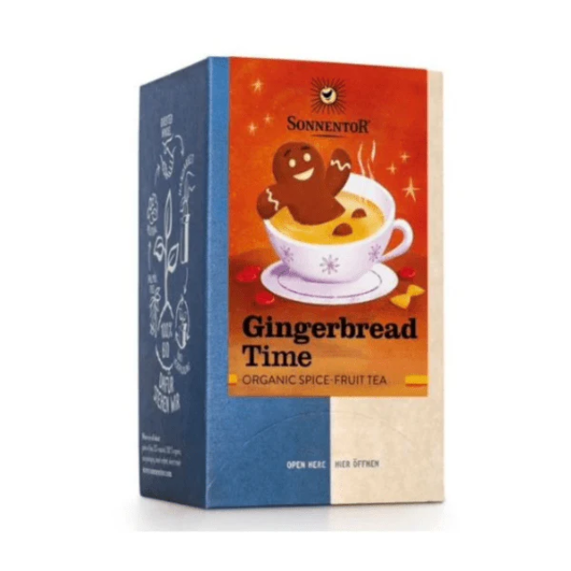 Tea box labeled 'Gingerbread Time' with a gingerbread man design on a white background