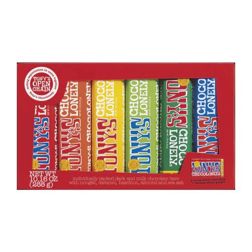 Box of Tony's Chocolonely chocolate bars in various flavors on a white background