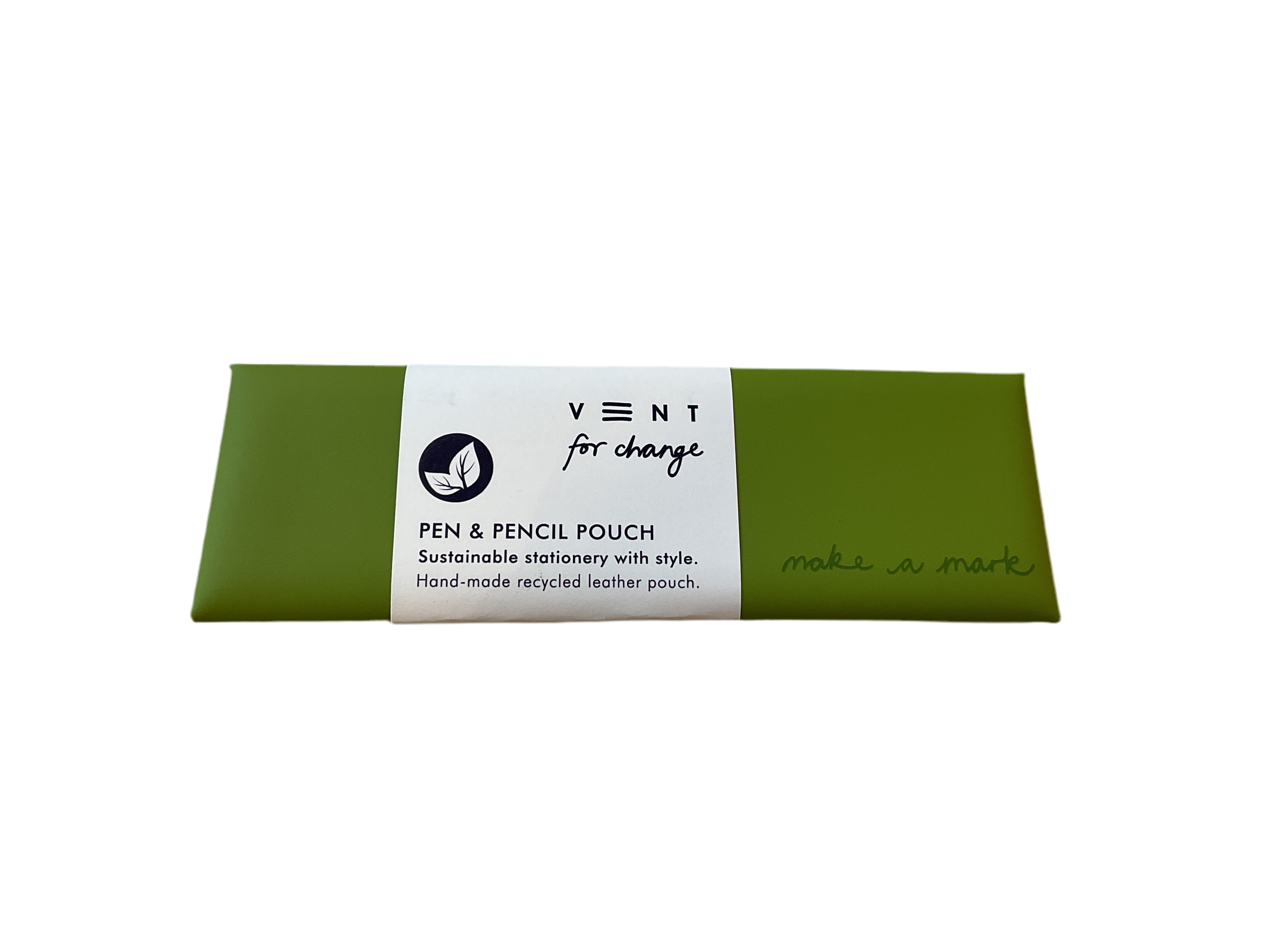 A green pen and pencil pouch with a label that reads 'VENT Pen & Pencil Pouch. Made with recycled materials.'