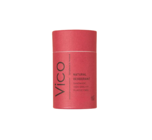 Red cylindrical deodorant container with 'Vico' branding on a white background