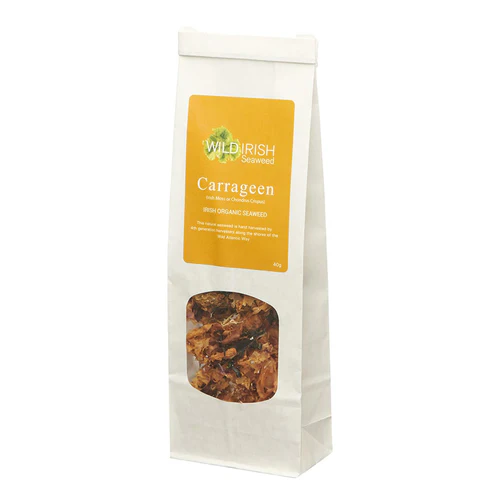 Packaged Wild Irish Carrageen in a clear bag with a yellow label showing the product name and a picture of the seaweed.