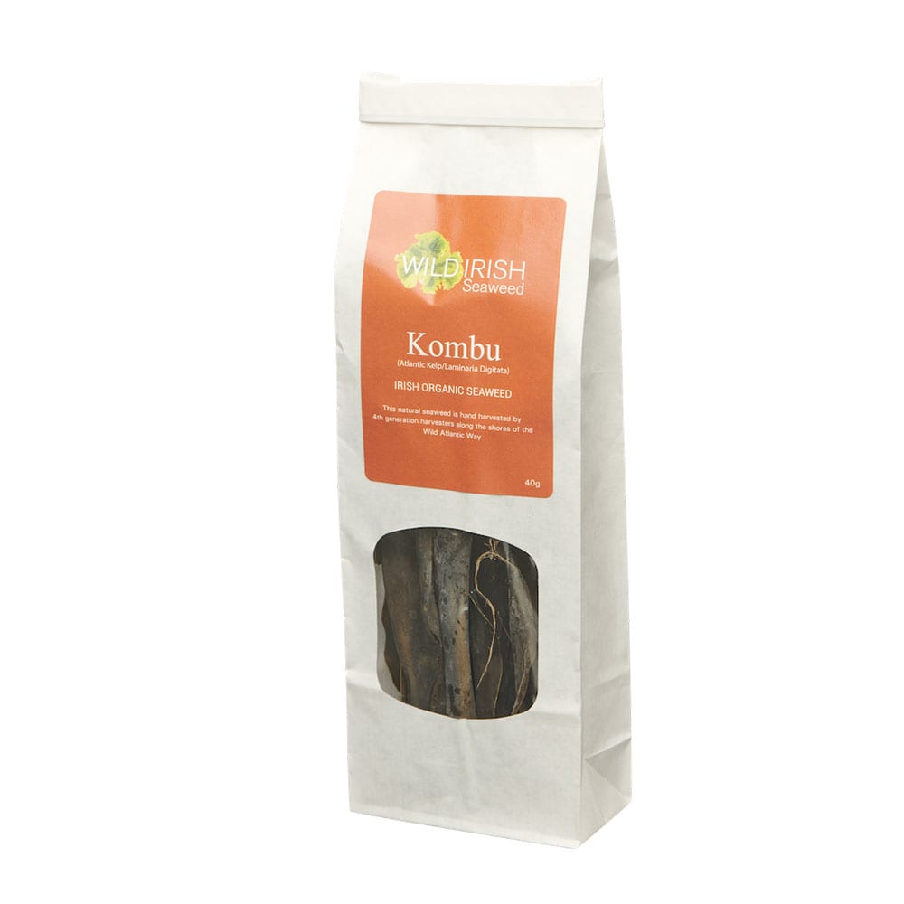 Bag of Wild Irish Seaweed Kombu on a white background
