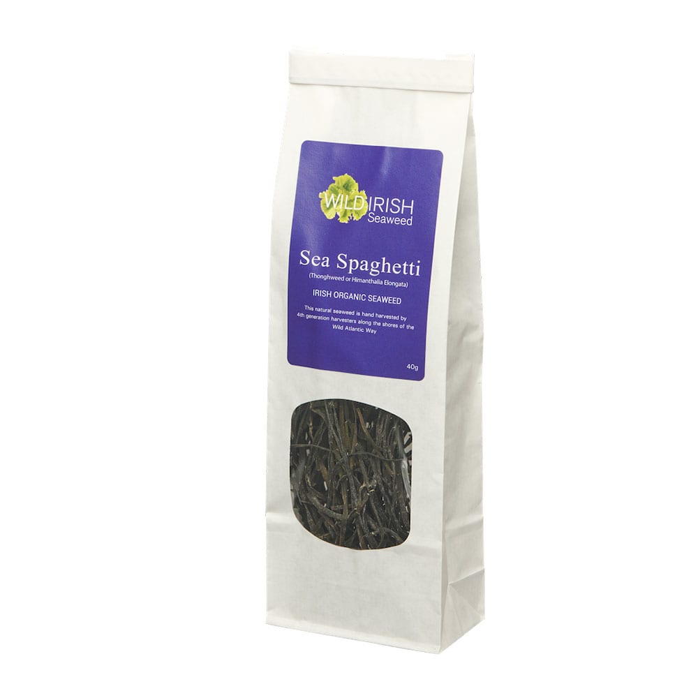 Bag of Wild Irish Seaweed Sea Spaghetti on a white background