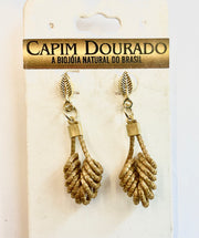 earrings from world design made from naturally golden grass, in a spiral shape with golder leaves at the top