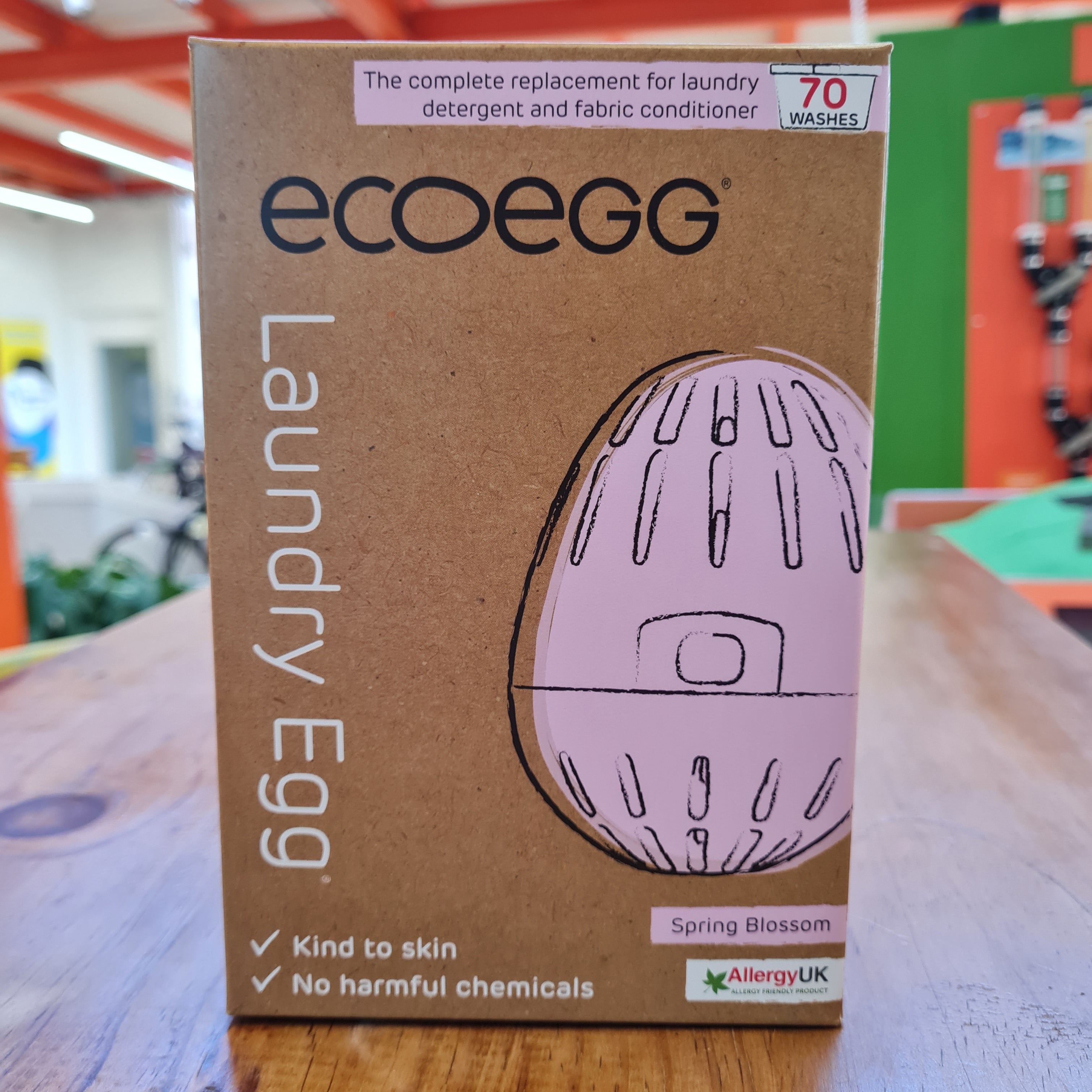 Packaging of Eco Egg Laundry Egg with illustration of the product on the front, indicating 70 washes and various certifications such as Spring Blossom and Allergy UK.