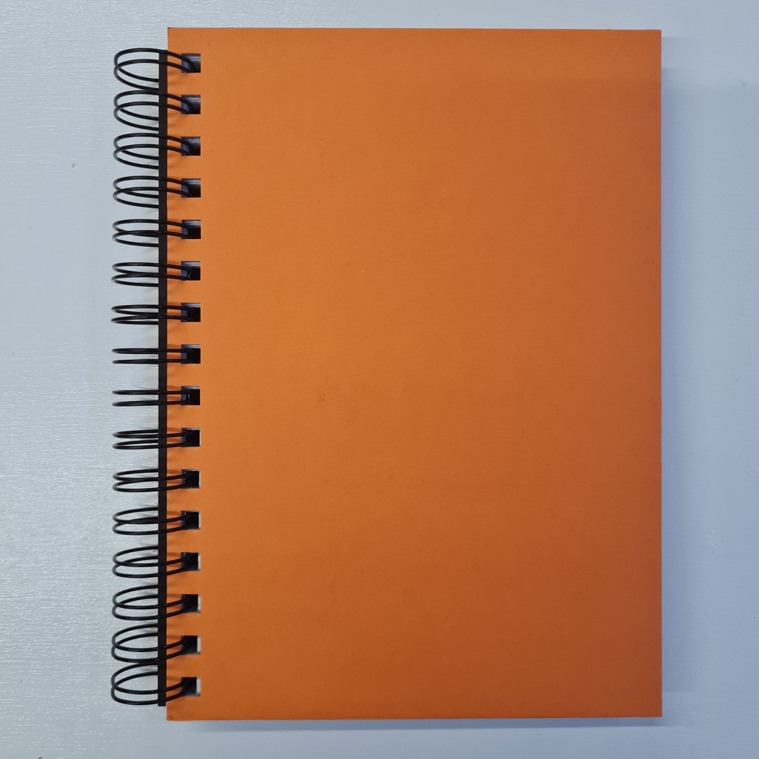 An orange hardcover notebook with a wire binding and plain, dotted pages.